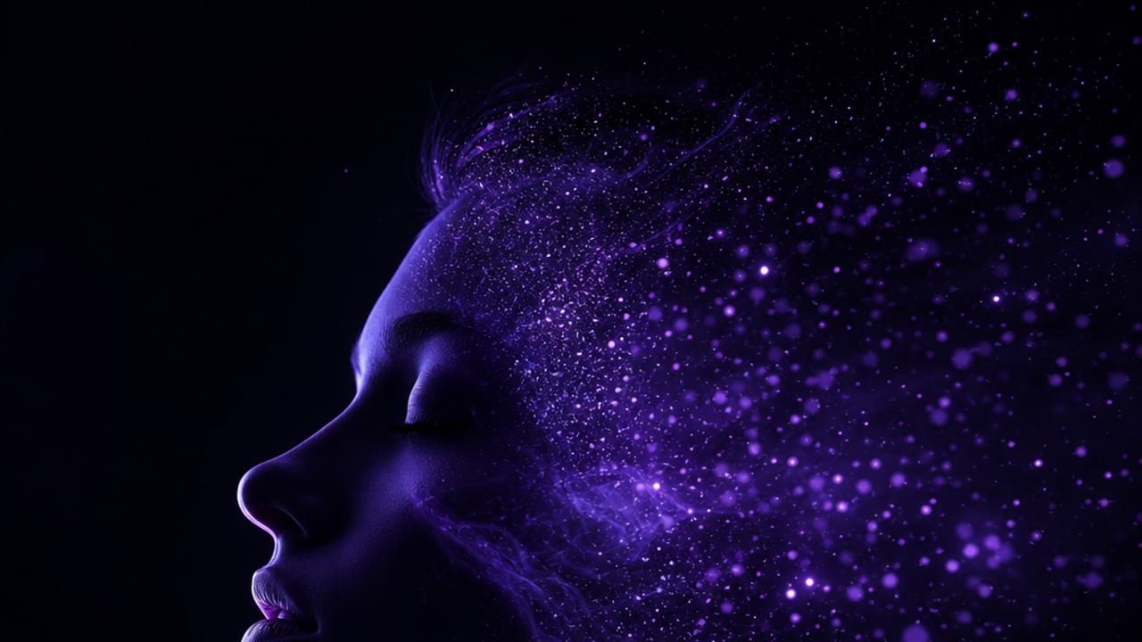 Стилізований AI портрет людини, згенерований застосунком Visavo AI на темному фоні з фіолетовим світінням