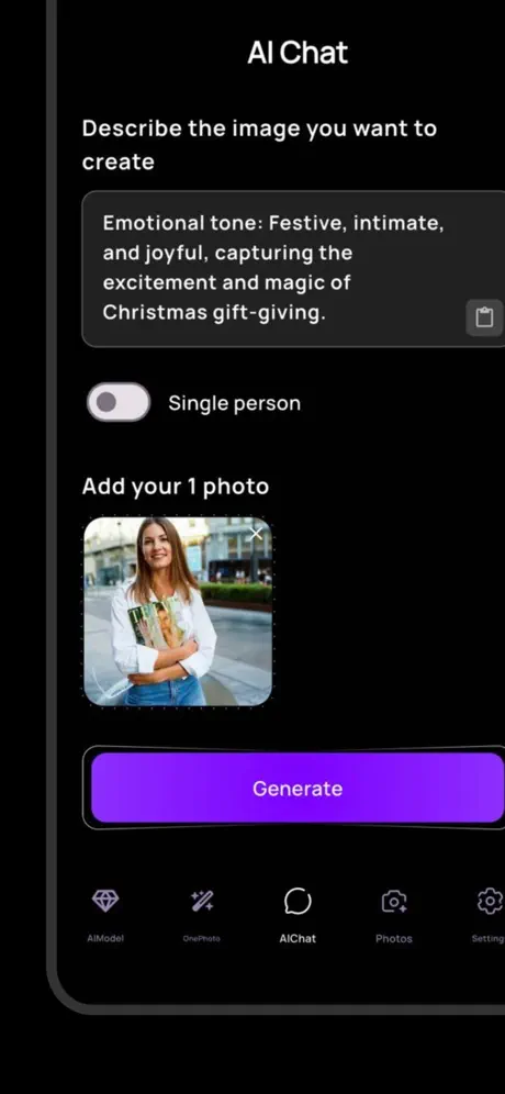 AI chat interface - describe and generate custom photos